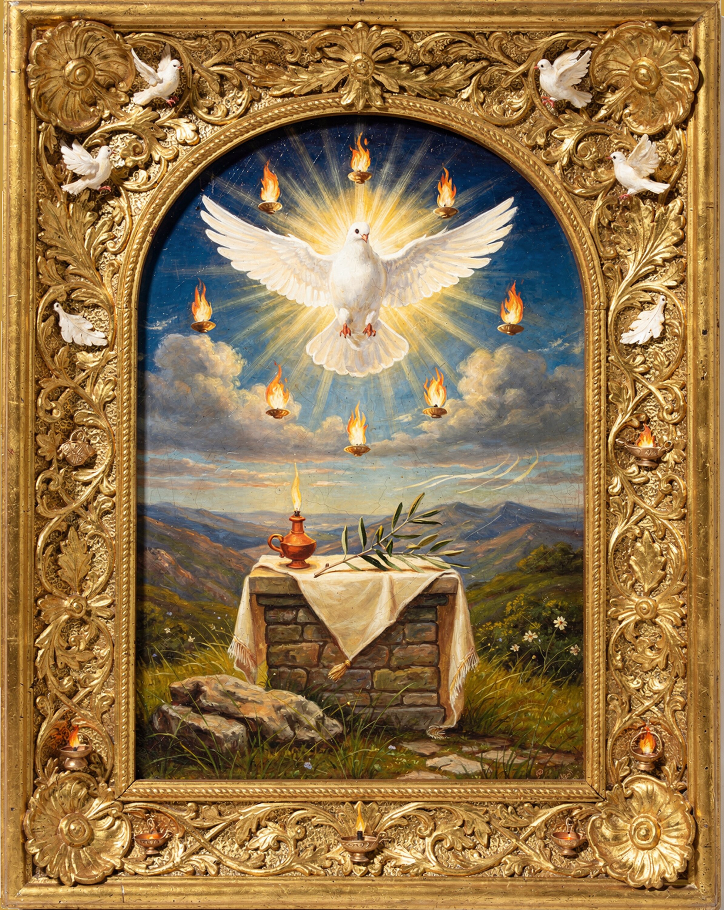 A dove descending above tongues of flame — illuminated manuscript portrait of the Ruach HaKodesh.