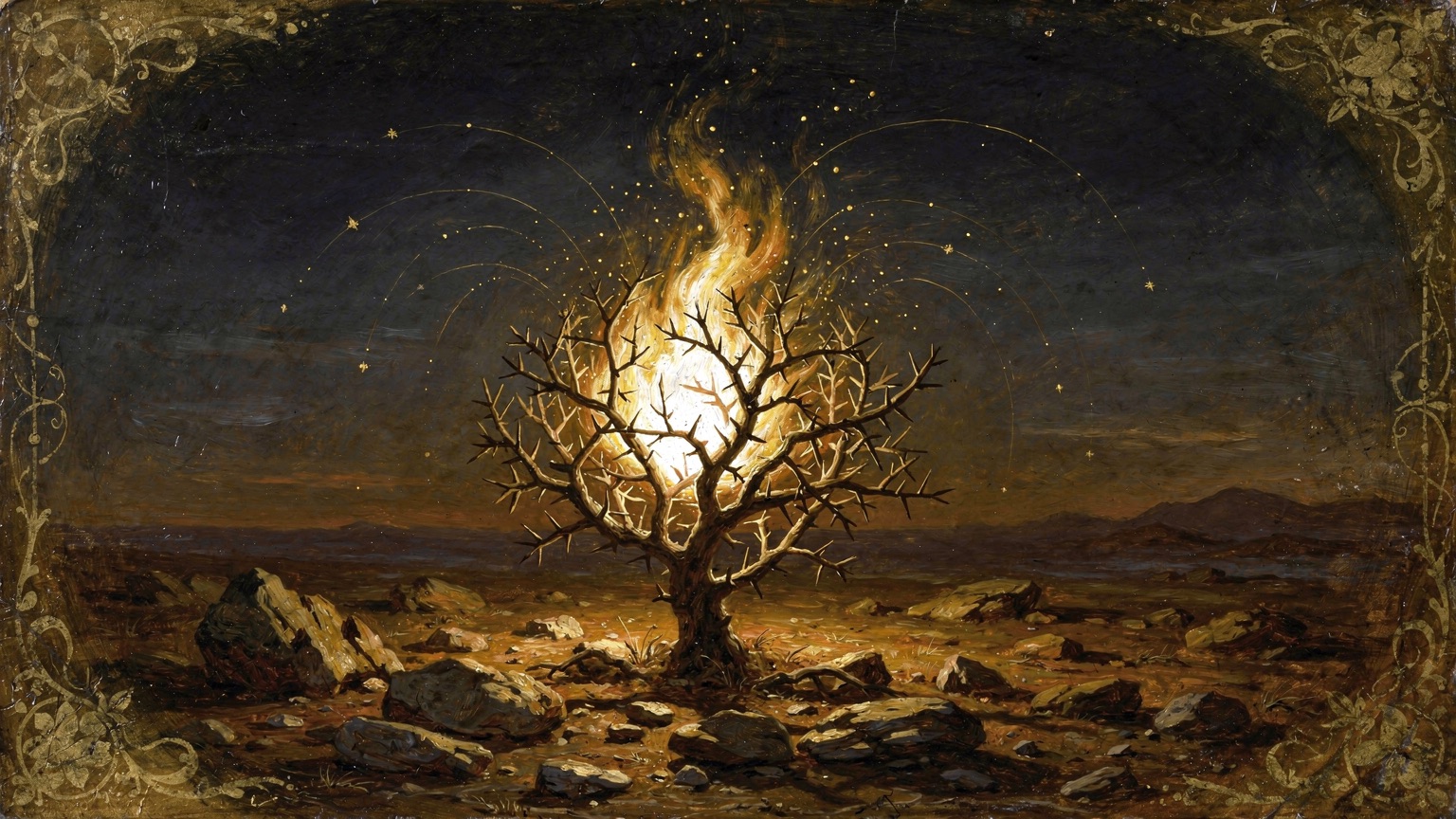 A desert thorn bush burning with radiant golden flame yet not consumed, alone on rocky ground before dawn.